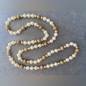 Pearl 30” Long Necklace with Gold Beads & Green/Tan stone beads.